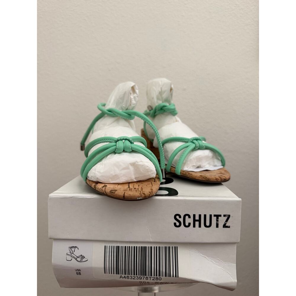 New Schutz Suzy leather & coral block heel sandals 6 deep mint - Picture 2 of 5